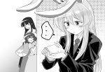  ... 3girls :3 animal_ears artist_request blush closed_eyes commentary_request dress highres holding houraisan_kaguya inaba_tewi monochrome multiple_girls open_mouth peeking_out rabbit rabbit_ears reisen_udongein_inaba sweat touhou 
