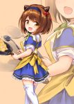  1girl apron breasts brown_eyes brown_hair cooking frying_pan granblue_fantasy hairband horns ladle large_breasts looking_at_viewer marugoshi_(54burger) open_mouth puffy_short_sleeves puffy_sleeves shirt short_hair short_sleeves skirt smile solo thigh-highs white_legwear yaia_(granblue_fantasy) zettai_ryouiki zoom_layer 