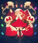  5girls ascot black_skin blonde_hair bloomers crystal evil_smile flandre_scarlet four_of_a_kind_(touhou) full_body hat hat_ribbon long_sleeves looking_at_viewer mob_cap multiple_girls nail_polish no_eyes open_mouth red_eyes ribbon shirt shoes side_ponytail skirt skirt_set smile socks touhou underwear vest white_legwear yujup 