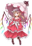  1girl :d blonde_hair bow corset dress fang flandre_scarlet fusion hat hat_bow hat_ribbon highres layered_dress long_sleeves minust mob_cap open_mouth parasol red_eyes ribbon short_hair side_ponytail simple_background slit_pupils smile solo touhou umbrella white_background wide_sleeves wings yakumo_yukari yakumo_yukari_(cosplay) 