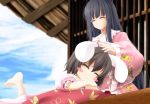  2girls :3 ^_^ animal_ears black_hair blue_sky blurry blush_stickers carrot_necklace closed_eyes depth_of_field evandragon highres houraisan_kaguya inaba_tewi long_hair lying lying_on_lap lying_on_person multiple_girls on_stomach rabbit_ears short_hair sitting sky touhou 