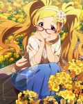  1girl :3 artist_request bespectacled blonde_hair bracelet earrings emily_stewart field flower flower_field glasses hairband idolmaster idolmaster_million_live! jewelry long_hair looking_at_viewer official_art rapeseed_blossoms smile twintails violet_eyes 