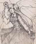  1girl angel_wings dress lionrion long_hair long_sleeves looking_at_viewer monochrome multiple_wings sariel smile solo tagme touhou touhou_(pc-98) white_hair wings 
