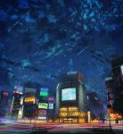  billboard building city city_lights highres night night_sky niko_p original real_world_location road road_sign scenery shibuya_(tokyo) shooting_star sign sky star_(sky) street tagme traffic_light tree twitter_username 