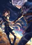  2boys althea_(sakiya0000) black_hair clouds gloves highres honebami_toushirou long_hair motion_blur multiple_boys namazuo_toushirou sky smile space star_(sky) sunset touken_ranbu violet_eyes white_hair wrist_grab 