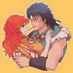  1boy 1girl black_hair blush breasts cleavage closed_eyes hokuto_no_ken holding large_breasts mamiya mayuzumi mouth_hold muscle open_mouth orange_hair outline pocky rei_(hokuto_no_ken) sweatdrop violet_eyes 