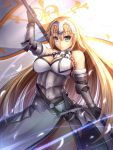  1girl absurdres armor blonde_hair blue_eyes breasts chain cleavage fate/apocrypha fate/grand_order fate_(series) flag flagpole gauntlets guardian-panda hair_down headdress highres long_hair ruler_(fate/apocrypha) sheath sheathed smile solo sword weapon 
