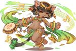  1girl animal_ears anklet armlet bastet_(fullbokko_heroes) bikini_top black_hair cat_ears cat_tail drum earrings fullbokko_heroes fur furry holding instrument jewelry loincloth musical_note navel original paw_print shigatake short_hair simple_background solo sweat tail thigh_strap white_background wide_hips yellow_eyes 