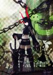  2girls absurdres black_gold_saw black_hair black_rock_shooter black_shorts burning_eyes dead_master highres holding_weapon horns long_hair looking_at_viewer multiple_girls pinfan red_eyes shorts sword violet_eyes weapon 