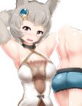  1girl animal_ears arms_up ass back blush detached_sleeves granblue_fantasy grey_eyes grey_hair looking_at_viewer mizuyan open_mouth short_hair shorts solo stella_(granblue_fantasy) 