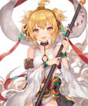  1girl anchira_(granblue_fantasy) bare_shoulders blonde_hair bracelet detached_sleeves granblue_fantasy hair_ornament jewelry leotard long_sleeves looking_at_viewer momoko_(momopoco) open_mouth red_eyes shawl smile solo two_side_up wide_sleeves 