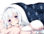  1girl blush grey_eyes hat hat_removed headwear_removed hibiki_(kantai_collection) kantai_collection looking_at_viewer nanase_nao silver_hair solo under_blanket verniy_(kantai_collection) 