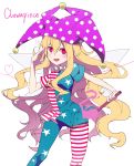  1girl american_flag_legwear american_flag_shirt blonde_hair blush character_name clownpiece fairy_wings fang gla hat heart highres jester_cap long_hair open_mouth outstretched_arm pantyhose print_legwear red_eyes short_sleeves simple_background smile solo star striped touhou white_background wings 