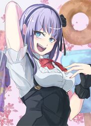  1girl :d artist_request blue_eyes blush bowtie breasts dagashi_kashi doughnut flower food hair_flower hair_ornament hair_ribbon hairband hand_behind_head hand_on_own_chest high-waist_skirt highres large_breasts looking_at_viewer nail_polish open_mouth purple_hair ribbon ringed_eyes shidare_hotaru short_hair skirt smile solo wrist_cuffs 