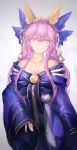  1girl animal_ears bell breasts caster_(fate/extra) cleavage fate/extra fate_(series) fox_ears grey_background hair_ribbon highres labombardier! long_hair looking_at_viewer orange_eyes pink_hair ribbon simple_background sleeves_past_wrists smile solo 