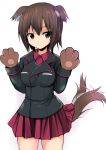  1girl animal_ears breasts brown_eyes brown_hair dog_ears dog_tail girls_und_panzer kemonomimi_mode military military_uniform nishizumi_maho paws pleated_skirt sen_(astronomy) short_hair skirt solo tail tail_wagging uniform white_background 