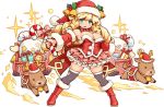  1girl bell big_hair blonde_hair breasts candy candy_cane character_request choker detached_sleeves drill_hair frilled_skirt frills fullbokko_heroes gift hat holding jingle_bell large_breasts layered_skirt long_hair official_art open_mouth reindeer santa_costume santa_hat shigatake simple_background skirt sleigh thigh-highs white_background wide_stance 