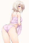  1girl aoyama_blue_mountain ass bare_shoulders dress dress_lift from_behind gochuumon_wa_usagi_desu_ka? highres lace-trimmed_panties leaning_forward looking_back mikazuchi_zeus panties purple_dress purple_panties side-tie_panties silver_hair simple_background solo underwear underwear_only violet_eyes 