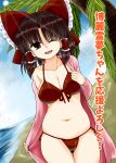  ass_visible_through_thighs beach bikini bow breasts brown_eyes brown_hair cleavage front-tie_top hair_bow hair_tubes hakurei_reimu jacket large_breasts navel ocean one_eye_closed open_mouth palm_tree removing_jacket sand side-tie_bikini smile swimsuit thigh_gap touhou translation_request tree water zetsumame 