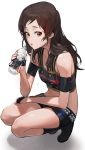  1girl armband bangs belt black_boots black_gloves black_shorts boots bottle brown_eyes brown_hair buttons crop_top dripping fingerless_gloves gloves hand_on_own_thigh holding_bottle idolmaster idolmaster_million_live! kitazawa_shiho long_hair looking_at_viewer midriff mossi orange_eyes parted_lips shade shadow shorts simple_background sleeveless small_breasts solo squatting sweat swept_bangs water_bottle white_background 