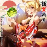  1girl ;d animal_ears bare_shoulders black_legwear blonde_hair blush bow brown_hair clouds egasumi eyebrows eyebrows_visible_through_hair floating floral_print folded_ponytail fox_ears fox_tail hair_between_eyes hair_tubes hand_on_own_cheek head_tilt japanese_clothes kimono kitsune kurogoma_(haruhi3) leg_garter long_sleeves looking_at_viewer multiple_tails off_shoulder one_eye_closed open_clothes open_kimono open_mouth orange_bow orb original palms ponytail red_ribbon ribbon sash short_hair smile solo sparkle sun tail teeth thigh-highs thighs translation_request wide_sleeves 