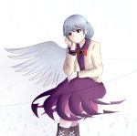  1girl boots bowtie cross-laced_footwear dress head_rest jacket khylimei kishin_sagume long_sleeves looking_to_the_side open_clothes open_jacket red_eyes short_hair silver_hair single_wing sitting smile solo star touhou white_background wings 