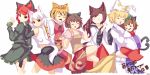  &gt;_&lt; 6+girls ^_^ animal_ears bare_shoulders blonde_hair blood bridal_gauntlets brown_hair carrying cat_ears cat_tail chen closed_eyes dress fang fox_tail futatsuiwa_mamizou glasses green_dress hair_ornament hand_in_another&#039;s_hair hand_on_another&#039;s_shoulder hat heart_tail_duo imaizumi_kagerou inubashiri_momiji juliet_sleeves kaenbyou_rin leaf leaf_on_head long_hair long_sleeves multicolored_hair multiple_girls multiple_tails nosebleed off_shoulder open_mouth pillow_hat pince-nez pipe psychopath_idiot puffy_sleeves raccoon_ears raccoon_tail red_dress red_eyes redhead shirt short_hair silver_hair skirt smile streaked_hair tabard tail tiger_ears tiger_tail toramaru_shou touhou two_tails white_dress white_hair wide_sleeves wolf_ears wolf_tail yakumo_ran 