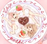  2girls :d barefoot bloomers blush braid brown_hair child chocolate chocolate_heart cream drowsy food fork fruit heart kicham lying multiple_girls navel on_back open_mouth oversized_object pink_hair plate short_hair short_twintails smile strawberry twintails underwear 