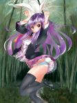  animal_ears artist_request bamboo bamboo_forest bunny_pose bunny_tail forest frilled_skirt frills long_hair nature panties purple_hair rabbit_ears red_eyes red_tie reisen_udongein_inaba shirt shoes side-tie_panties skirt tail thigh-highs touhou underwear white_panties wind_lift 