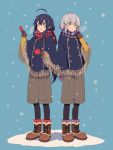  2boys adapted_costume ahoge black_hair boots cross-laced_footwear highres honebami_toushirou lace-up_boots male_focus matsuki_(mikipingpong) mittens multiple_boys namazuo_toushirou plaid plaid_scarf poncho scarf snowflakes snowing touken_ranbu violet_eyes white_hair 