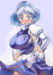  1girl blue_eyes blue_hair blush breasts eyebrows large_breasts letty_whiterock no_hat open_mouth plump polearm puffy_sleeves short_hair solo tears torn_clothes touhou trident weapon yohane 