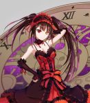  1girl armpits black_hair breasts cleavage clock_eyes date_a_live detached_sleeves dress hairband heterochromia lolita_hairband long_hair looking_at_viewer red_eyes shan-n smile solo tokisaki_kurumi twintails 