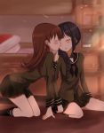  2girls absurdres akbskenmb48-40 anchor_symbol black_hair blush braid brown_hair closed_eyes commentary_request hand_on_another&#039;s_shoulder highres incipient_kiss kantai_collection kitakami_(kantai_collection) light_rays long_hair multiple_girls ooi_(kantai_collection) open_mouth single_braid skirt sleeping sunbeam sunlight window yuri 