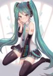  1girl aqua_hair black_legwear boots detached_sleeves hatsune_miku headphones long_hair looking_at_viewer meto31 necktie pleated_skirt sitting skirt smile solo thigh-highs thigh_boots twintails very_long_hair vocaloid wariza wide_sleeves 