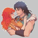  1boy 1girl black_hair blush breasts cleavage hokuto_no_ken holding large_breasts mamiya mayuzumi mouth_hold muscle open_mouth orange_eyes orange_hair outline pocky rei_(hokuto_no_ken) sweat sweatdrop violet_eyes 