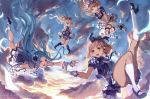  4girls :d artist_name as bangs black_boots black_legwear black_shoes blonde_hair blue_bow blue_eyes blue_hair blue_ribbon blue_vest blush boots bow brown_hair brown_ribbon clouds djeeta_(granblue_fantasy) falling feathers gloves granblue_fantasy hair_bow hair_ornament hair_ribbon hairband hands_on_own_face high_heel_boots high_heels kneehighs leg_ribbon long_hair looking_at_viewer lyria_(granblue_fantasy) mary_(granblue_fantasy) midriff multiple_girls open_mouth outdoors outstretched_arms panties pantyshot parted_bangs plaid plaid_skirt ponytail puffy_short_sleeves puffy_sleeves ribbon shoes short_hair short_sleeves skirt skirt_lift skirt_tug sky smile underwear uniform upskirt usanekorin v_arms vira white_boots white_gloves white_legwear white_panties wrist_cuffs 