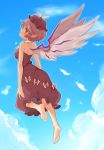  1girl adapted_costume alternate_costume animal_ears back barefoot bird_wings blue_sky blush bow clouds dress feathers flying full_body hajin hat highres looking_back mob_cap mystia_lorelei pink_hair profile red_eyes short_hair sky smile solo strapless_dress touhou wings 
