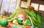  1girl :d animal_costume artist_request bangs blunt_bangs blush book bowl brown_hair closed_eyes food fruit hood ichihara_nina idolmaster idolmaster_cinderella_girls kotatsu long_hair lying mandarin_orange official_art on_stomach open_mouth sleeping smile solo stuffed_animal stuffed_toy stuffed_turtle table turtle under_kotatsu under_table 