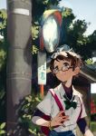 1girl :3 backpack bag beads black-framed_glasses bow bracelet brown_eyes brown_hair building collared_shirt glasses holding_strap jewelry layered_clothing linaria_(ookinahitomi) looking_away looking_to_the_side mirror neck_ribbon original outdoors pleated_skirt ribbon school_uniform shirt short_hair short_sleeves sign skirt smile sunlight telephone_pole traffic_mirror tree very_short_hair walking white_shirt 