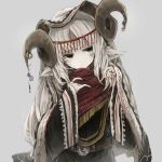  1girl absurdres animal_ears circlet facial_mark green_eyes highres hisona_(suaritesumi) horn_ring horns jewelry long_hair looking_to_the_side nail_polish pale_skin ring silver_hair simple_background solo wide_sleeves 