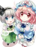  2girls blue_dress blue_eyes breasts dress from_above hair_ribbon hat hitodama konpaku_youmu konpaku_youmu_(ghost) large_breasts long_sleeves looking_at_viewer mob_cap multiple_girls nagare open_mouth pink_eyes pink_hair puffy_short_sleeves puffy_sleeves ribbon saigyouji_yuyuko sash shirt short_sleeves silver_hair skirt skirt_set smile touhou triangular_headpiece veil vest wide_sleeves 