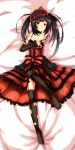  1girl armpits black_hair black_legwear breasts cleavage date_a_live detached_sleeves duong garter_straps hairband heterochromia highres lolita_hairband long_hair looking_at_viewer lying on_back red_eyes solo thigh-highs tokisaki_kurumi torn_clothes torn_thighhighs yellow_eyes 