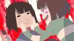  &gt;3&lt; =_= androgynous animated animated_gif bossmonsterbani brown_hair chara_(undertale) cheek_press child chocolate_bar crazy_eyes crazy_smile food food_on_face frisk_(undertale) red_eyes rubbing shirt striped striped_shirt undertale 