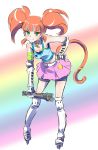  breasts cat_tail cleavage earrings green_eyes hand_on_hip highres iesupa jewelry leaning_forward multicolored_hair navel neon_katt orange_hair roller_skates rwby shorts shorts_under_skirt skates skirt smile streaked_hair tail 