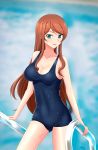  1girl aqua_eyes breasts brown_hair character_request cleavage covered_navel highres long_hair looking_at_viewer northman school_swimsuit smile solo swimsuit 