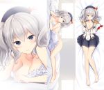  1girl apron breasts cleavage dakimakura epaulettes frilled_sleeves frills gloves hat kantai_collection kashima_(kantai_collection) kerchief looking_at_viewer lying military military_uniform naked_apron on_stomach silver_hair smile solo sumikko_no_aria tsurime twintails uniform wavy_hair 