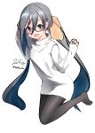  1girl 2016 :d ahoge alternate_costume bespectacled black-framed_glasses blue_hair blush dated dress full_body glasses grey_hair grey_legwear hair_ornament hair_ribbon hands_up kantai_collection kiyoshimo_(kantai_collection) long_hair long_sleeves looking_at_viewer low_twintails multicolored_hair nekobaka no_shoes open_mouth pantyhose ribbon semi-rimless_glasses signature sketch smile solo sweater sweater_dress twintails twitter_username under-rim_glasses very_long_hair violet_eyes 
