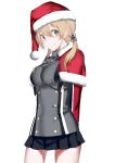  1girl anchor_hair_ornament aqua_eyes blonde_hair capelet fujibejifu hair_ornament hat kantai_collection long_hair long_sleeves low_twintails microskirt military military_uniform peaked_cap prinz_eugen_(kantai_collection) santa_hat skirt solo twintails uniform 