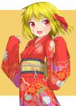  1girl alternate_costume blonde_hair fang floral_print hair_ribbon japanese_clothes kimono long_sleeves looking_at_viewer obi open_mouth red_eyes ribbon rumia sash smile solo touhou uumaru1869 wide_sleeves 