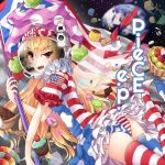  1girl american_flag_legwear american_flag_shirt ass astronaut_helmet blonde_hair blueberry cake candy chocolate_bar clownpiece cookie cube cupcake doughnut earth flag food fruit fuente gummy_worm jelly_bean kiwifruit lime_(fruit) lollipop moon patch pudding red_eyes solo space spray_paint star_(sky) strawberry thigh-highs touhou 